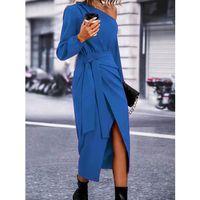 Kadın Uzun Kollu Tek Omuzu Açık Belden Kuşaklı önden çapraz Detaylı Krep Elbise