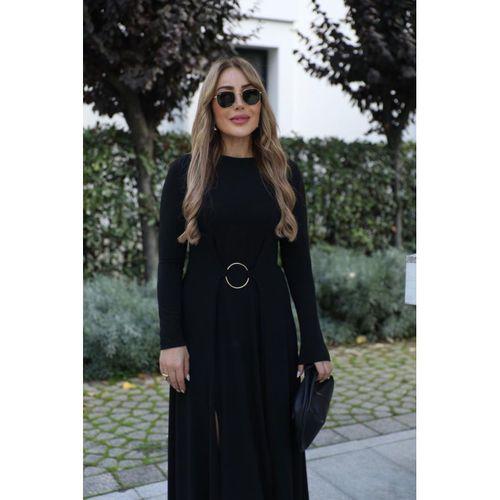 Kadın Uzun Kollu Bisiklet Yaka önden Halka Detaylı Yırtmaçlı Uzun Viskon Iki Iplik Elbise