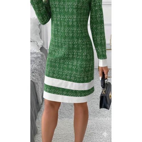 Kadın Uzun Kollu Yuvarlak Yaka Etek Ucu şerit Detaylı Mini Dokuma Elbise