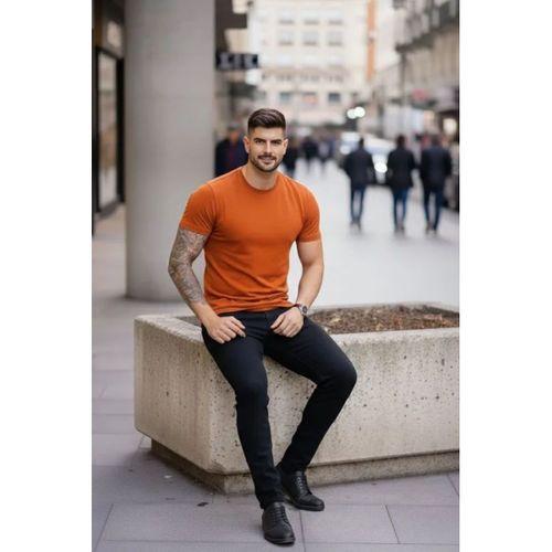 Erkek T-Shirt Bisiklet Yaka Slim Fit Dar Kesim Likralı Tişört Günlük Basic Body - Koyu Turuncu