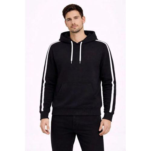 Erkek Şeritli Kapüşonlu Sweatshirt Oversize 3 Iplik Pamuklu - Siyah