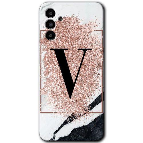 Samsung Galaxy A13 5G Kılıf HD Desen Baskılı Arka Kapak - Pembe Mermer Desenli V Harfi