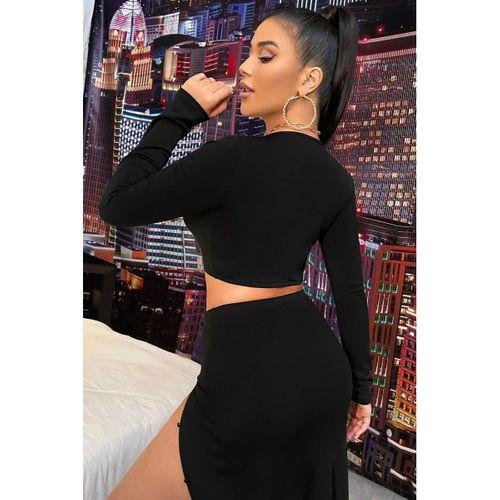 Kadın Siyah Modern Fit Uzun Kol Göğüs Ve Göbek Dekolteli Fermuarlı Crop Top Bluz