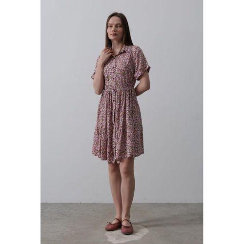 Baskılı Keten Elbise - Lila