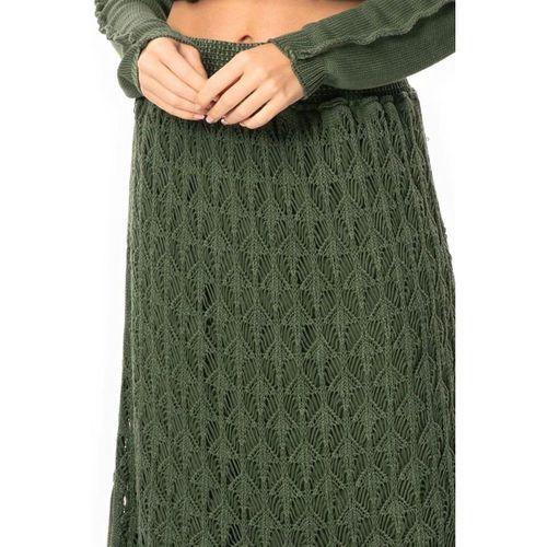 Beli Lastikli Elvan Sonbahar ve Kışlık Uzun Örgü Triko Etek Haki Hk