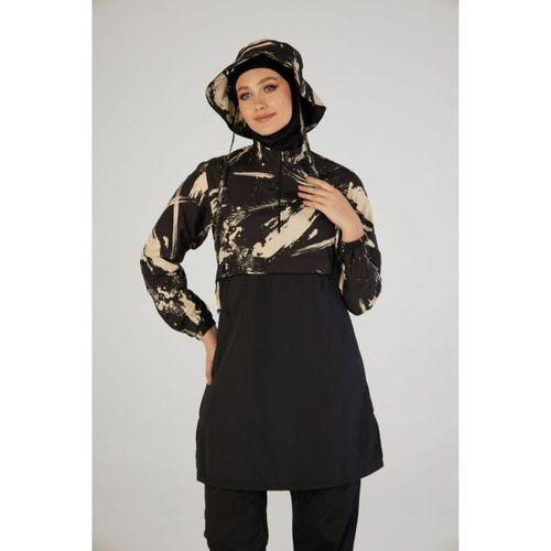 Estiva 26973 Siyah  Brushstroke Tam Kapalı Croplu Şapkalı Pantolonlu Tesettür Mayo