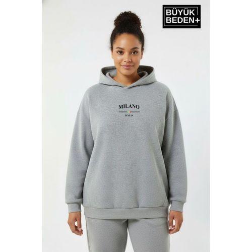 Kadın Büyük Beden Kapşonlu Rahat Kalıp Hoodie – Milano Italia Baskılı Sweatshırt SPR26BSWK967
