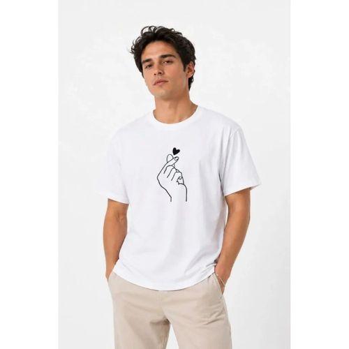 Erkek Kore Parmak Kalp Aşk Temalı Minimal Baskılı Tişört Yazlık Kısa Kol T-Shirt - Beyaz