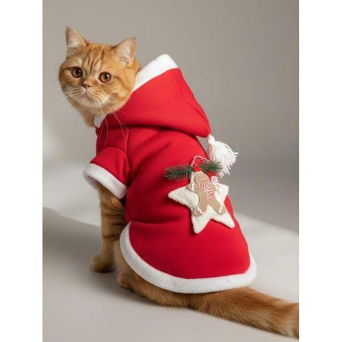 Yılbaşı Kedi Kıyafeti Yıldız Desenli Kırmızı Polar | Kapüşonlu Noel Kedi Kostümü | Kurabiye Temalı