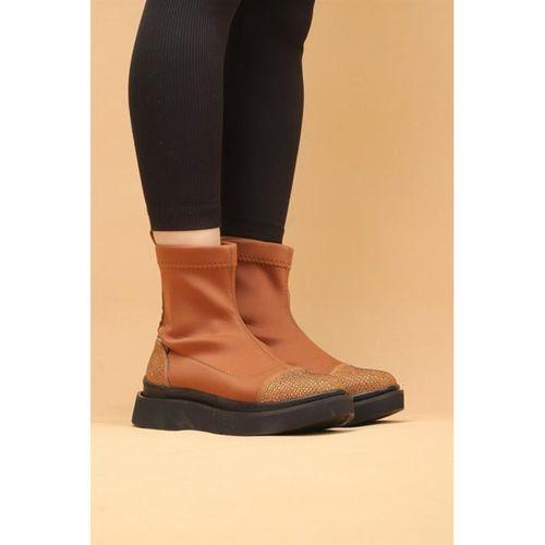 Afron Taba Renkli Taba Deri Detaylı Taşlı Siyah Taban Kışlık Kadın Bot