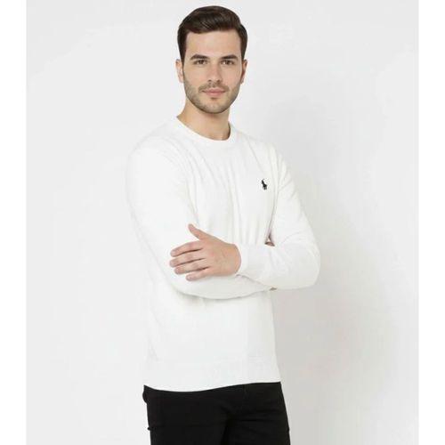 Erkek Bisiklet Yaka Nakış Işlemeli Triko Kazak Yumuşak Dokulu Pamuklu Ince Dokuma, Uzun Kollu Rahat Regular Kalıp - Beyaz