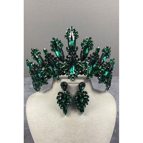 Dalia Yüksek Taşlı Gelin Tacı Mekik Küpe Seti