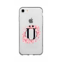 iPhone 7 Pembe Çiçek Desen Ü Harfli Şeffaf Kılıf