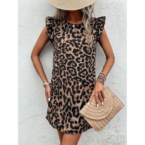 Kadın Kısa Kollu Kolları Fırfır Detay Arkası Bağlamalı Leopar Desen Kolsuz Mini Mikro Elbise