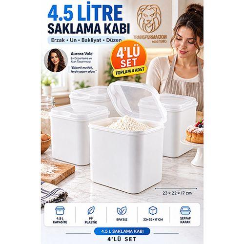4 lü 4.5 Lt Geniş Hava Sızdırmaz Şeffaf Kapaklı Beyaz Mutfak Kiler Erzak Un Bakliyat Deterjan Saklama Kabı Düzenleyici Kutu 723709