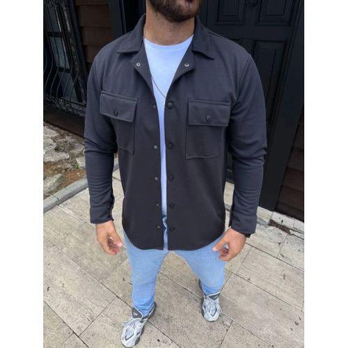 Erkek Diagonal Kumaş Cepli Çıtçıtlı Uzun Kollu, Gömlek Oversize Rahat Kalıp Günlük Şık Stil - Füme
