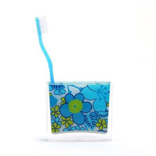 2 Adet Diş Fırçalık Mavi Çiçekli Akrilik 10X10X3Cm Banyo Seti
