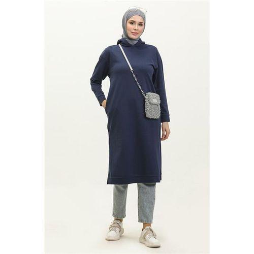 Atlas Kapşonlu Uzun Sade Basic Sweatshirt - 03007.006 - İndigo