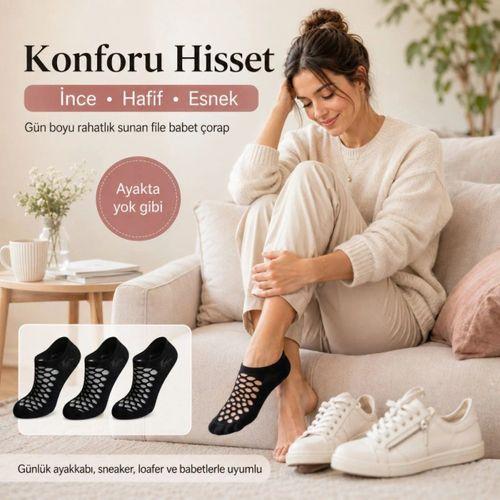 3’lü Kadın Siyah File Babet Çorap Düşük Kesim İnce Esnek Nefes Alan Görünmez Çorap Seti