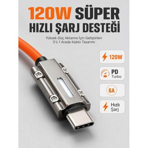 Led Göstergeli 120w Pd Turbo Destekli Premium 3ü 1 Arada Şarj Kablosu
