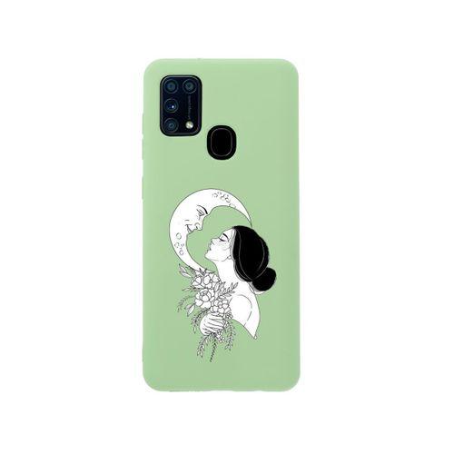 Samsung M21 Moon & Woman Desenli Premium Silikonlu Yeşil Telefon Kılıfı