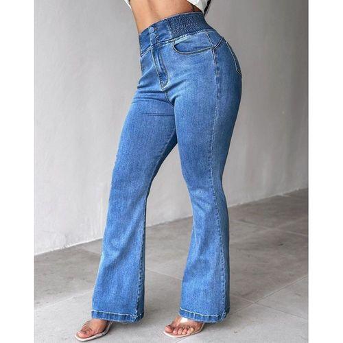 Kadın Yüksek Bel Yanları Lastik önü Düğmeli Kot Pantolon