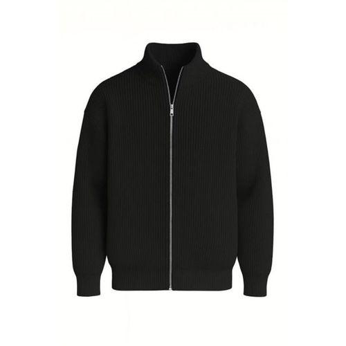 Woody Oversize Selanik Örme Fermuarlı Erkek Hırka- Siyah