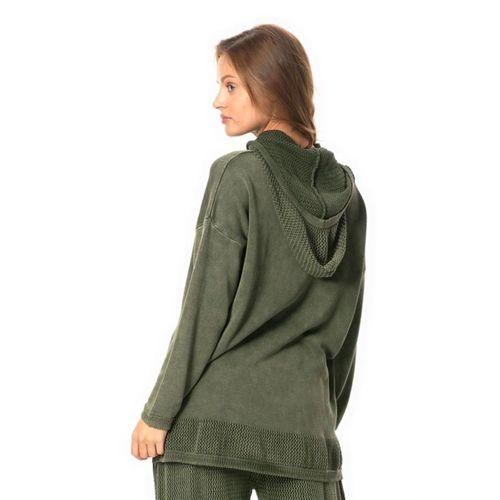 Uzun Kol Kapüşonlu Fileli Sonbahar ve Kışlık Triko Bluz Haki Hk