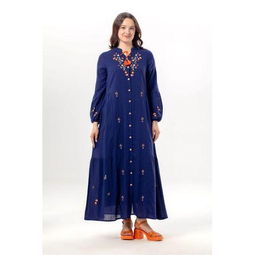 Uzun Kol Ala Nakışlı Püskül Bağcıklı Hakim Yaka Yazlık Şile Bezi Uzun Elbise Mor Mor