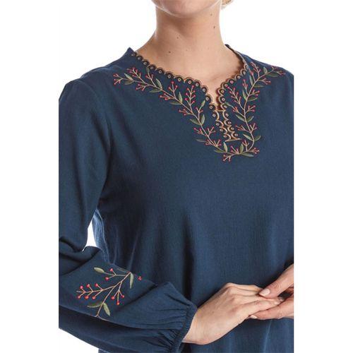 Şile Bezi Uzun Kol Petrol Mavi Nakış Detaylı V Yaka Yazlık Otantik Bluz