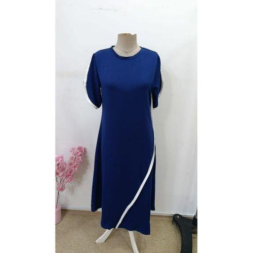 Kadın Kısa Kollu Bisiklet Yaka çift şerit Renk Detaylı Asimetrik Kesim Viskon Iki Iplik Elbise