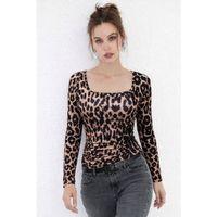 Kadın Uzun Kollu Kare Yakalı Leopar Desenli Dalgıç Bluz