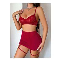 Transparan Kırmızı Dantel İşlemeli Fantezi Bacak Bantlı Etekli Jartiyer Takımı