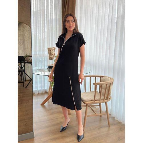 Kadın Kısa Kollu Yakadan Ve Etekten Fermuarlı Midi Viskon Iki Iplik Elbise