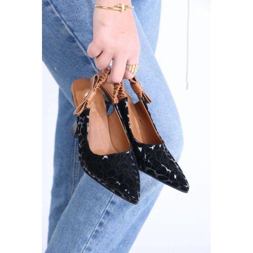 Toran Siyah Rugan Siyah Süet Detaylı Topuklu Ayakkabı