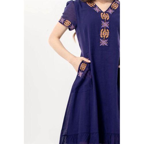 Kısa Kol Feyza V Yaka Çift Cepli Bağlamalı Yazlık Kısa Vual Elbise Mor Mor