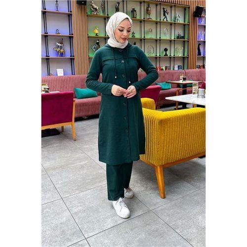 Kapşonlu Düğmeli Sade Basic Uzun Tunik ve Pantolon İkili Spor Takım - 03072.021 - Nefti