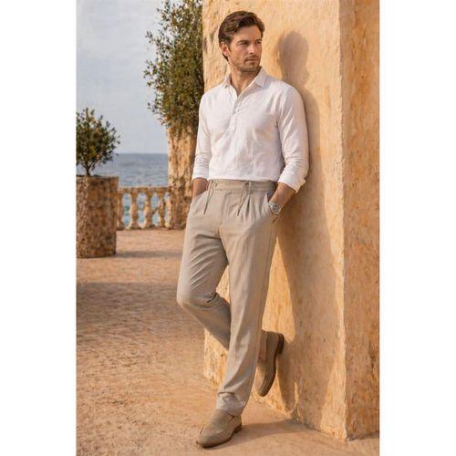 Forner Regular Fit Beli Lastikli Kemer Detaylı Erkek Kumaş Pantolon - Bej