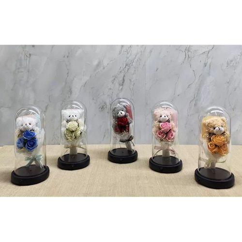 Işıklı Müzikli Fanus İçinde Sevimli Ayıcıklı Gül Buketi