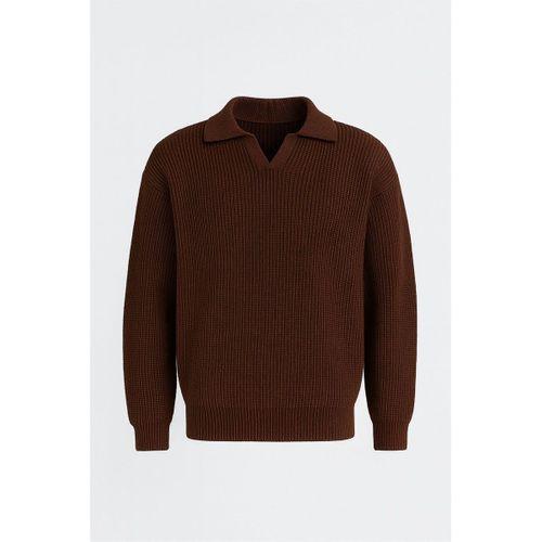 Oversize Gömlek Polo Yaka Selanik Örgülü Erkek Triko Kazak - Kahve
