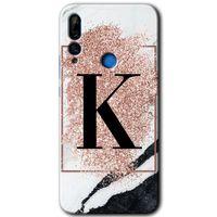 Huawei Y9 Prime 2019 Kılıf HD Desen Baskılı Arka Kapak - Pembe Mermer Desenli K Harfi + Kırılmaz Cam