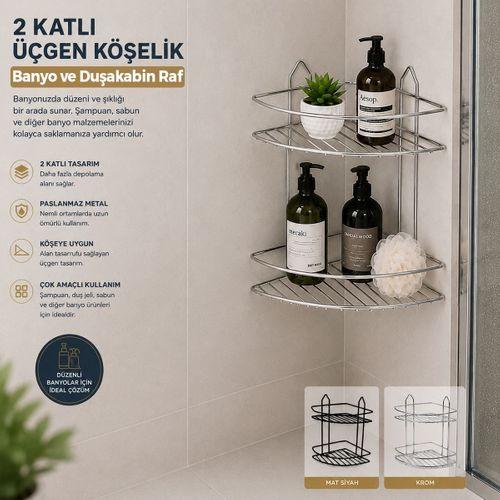 Çift Katlı Krom Metal Banyo Köşeliği - Üçgen Duş Rafı