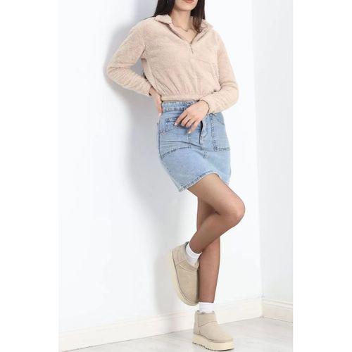 pilelistore Fermuarlı Crop Peluş Sweat Bej
