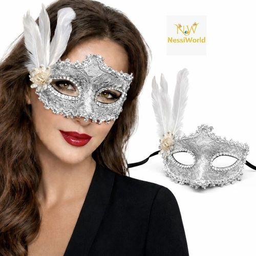 Lüks Beyaz Tüylü Venedik Maskesi – Taşlı Dantel Tasarım