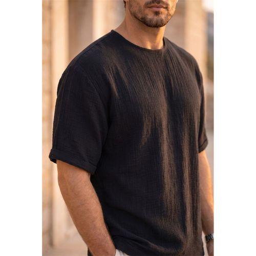 Godard Relax Fit %100 Pamuk Müslin Kumaş Duble Kol Bisiklet Yaka Erkek T-Shirt - Siyah
