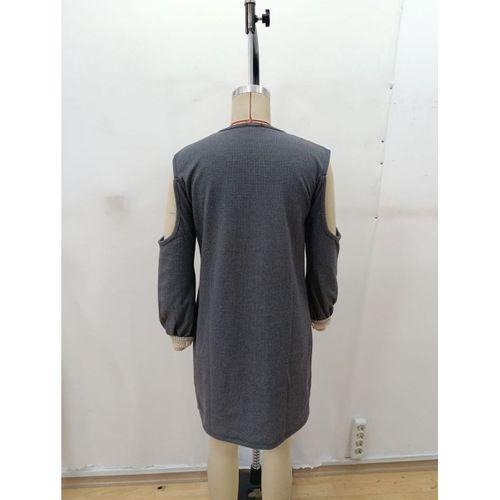 Kadın Uzun Kollu Omuzdan Açık V Dantel Yakalı Mini Waffle Elbise