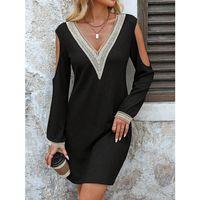 Kadın Uzun Kollu Omuzdan Açık V Dantel Yakalı Mini Waffle Elbise