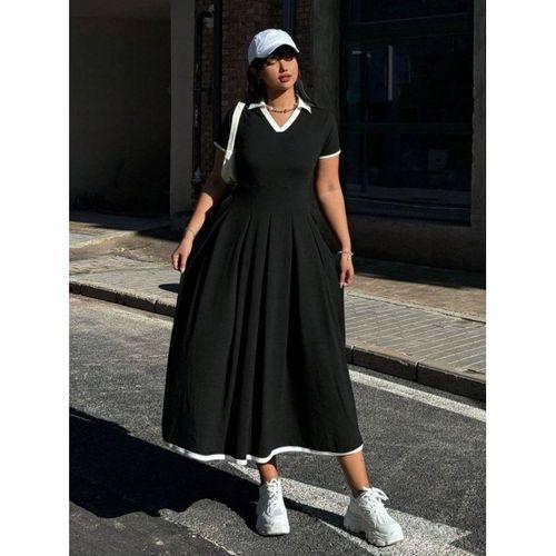 Kadın Kısa Kollu V Yakalı Pileli Uzun Janjan Krep Elbise