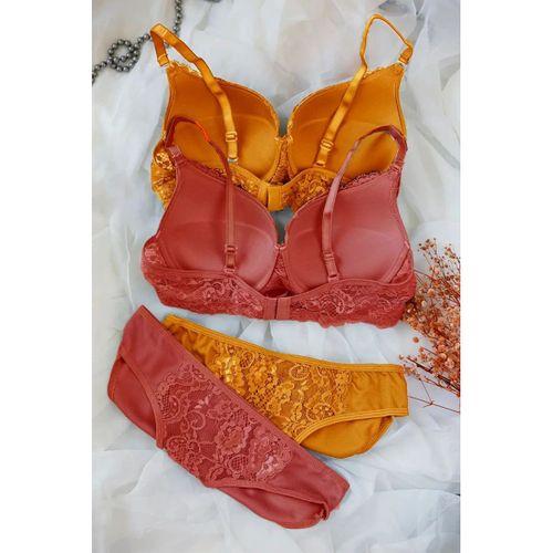 Kadın Hardal Ve Kiremit Rengi Dolgulu Balenli Sütyen Külot 2'li Paket