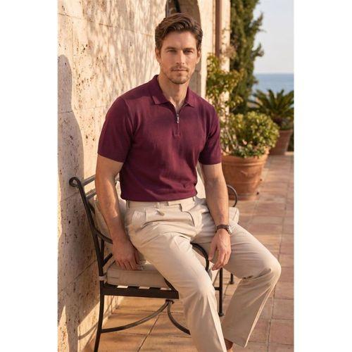 Linus Fermuarlı Polo Yaka Kısa Kollu İnce Triko Erkek T-Shirt - Bordo
